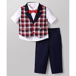 Babyhug Knit Full Sleeves Checks 3 Piece Party Suit With Bow - Red