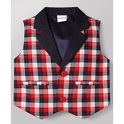 Babyhug Knit Full Sleeves Checks 3 Piece Party Suit With Bow - Red