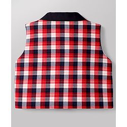 Babyhug Knit Full Sleeves Checks 3 Piece Party Suit With Bow - Red