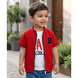 Babyhug Knitted Half Sleeves Jacket With Text Printed Inner Tee - Red
