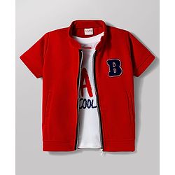 Babyhug Knitted Half Sleeves Jacket With Text Printed Inner Tee - Red
