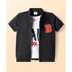 Babyhug Knitted Half Sleeves Jacket With Text Printed Inner Tee - Red