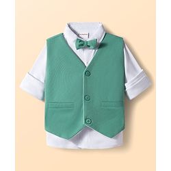 Babyhug Knit Full Sleeves Stretchable Solid 3 Piece Party Suit With Bow - Mint