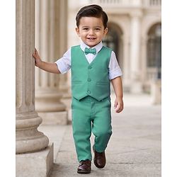 Babyhug Knit Full Sleeves Stretchable Solid 3 Piece Party Suit With Bow - Mint