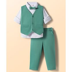 Babyhug Knit Full Sleeves Stretchable Solid 3 Piece Party Suit With Bow - Mint