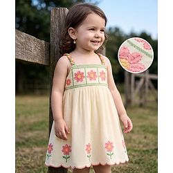 Babyhug Cotton Woven Sleeveless Floral Embroidered Frock- White