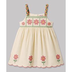 Babyhug Cotton Woven Sleeveless Floral Embroidered Frock- White