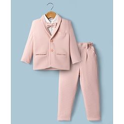 Babyhug Knit Full Sleeves Stretchable Solid 3 Piece Party Suit With Bow - Light Peach