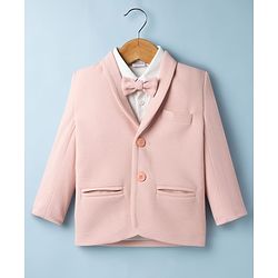 Babyhug Knit Full Sleeves Stretchable Solid 3 Piece Party Suit With Bow - Light Peach