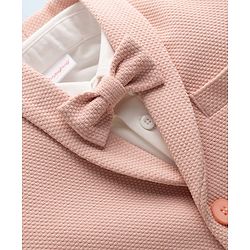 Babyhug Knit Full Sleeves Stretchable Solid 3 Piece Party Suit With Bow - Light Peach