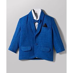Babyhug Knit Full Sleeves Stretchable Solid Color 3 Piece Party Suit with Bow - Blue