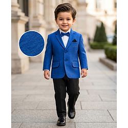 Babyhug Knit Full Sleeves Stretchable Solid Color 3 Piece Party Suit with Bow - Blue