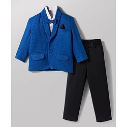 Babyhug Knit Full Sleeves Stretchable Solid Color 3 Piece Party Suit with Bow - Blue