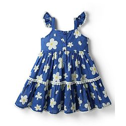 Babyhug Cotton Woven One Piece Dresses/Frocks with Ruffled Shoulder Straps and Floral Print Blue 9-12 Months
