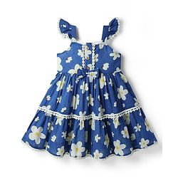 Babyhug Cotton Woven One Piece Dresses/Frocks with Ruffled Shoulder Straps and Floral Print Blue 9-12 Months