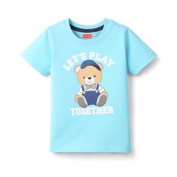 Babyhug Cotton Knit Half Sleeves T-Shirt with Bear Print - Aqua Blue