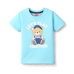 Babyhug Cotton Knit Half Sleeves T-Shirt with Bear Print - Aqua Blue