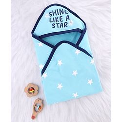 Babyhug Cotton Knit Hooded Towel With Star Print & Text Embroidery L 75 x B 71 cm - Light Blue