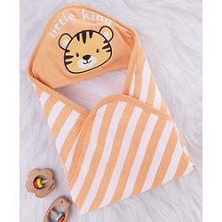 Babyhug Cotton Knit Hooded Towel With Tiger Embroidery & Stripes L 76 x B 76 cm - Light Brown