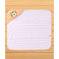 Babyhug Cotton Knit Hooded Towel With Tiger Embroidery & Stripes L 76 x B 76 cm - Light Brown