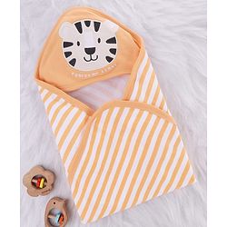 Babyhug Cotton Knit Hooded Towel With Tiger Embroidery & Stripes L 76 x B 68.5 cm - Orange