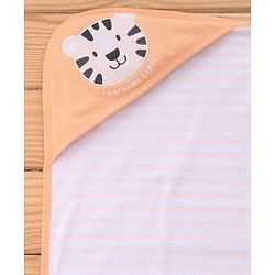 Babyhug Cotton Knit Hooded Towel With Tiger Embroidery & Stripes L 76 x B 68.5 cm - Orange
