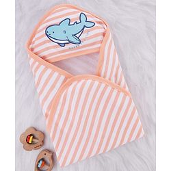 Babyhug Cotton Knit Hooded Towel With Stripes & Sea Life Embroidery L 76 x B 68.5 cm - Orange