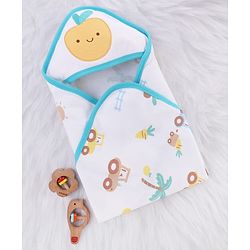 Babyhug Cotton Knit Hooded Towel With Tropical Theme Print & Embroidery L 76 x B 76 cm - White