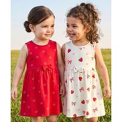 Babyhug Single Jersey Knit Sleeveless Frocks With Heart & Strawberry Print Pack of 2 - Multicolor