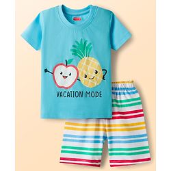 Babyhug Cotton Knit Half Sleeves Fruit Printed T-Shirt & Striped Short Night Suit - Light Blue