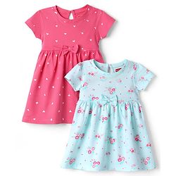 Babyhug Cotton Knit Frocks with Bow Detail Multi Color 3-6 Months