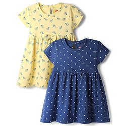 Babyhug Cotton Knit Half Sleeves Polka Dots & Floral  Printed Frocks Pack Of 2 - Multi Color