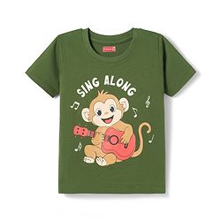 Babyhug Cotton Knit Half Sleeves T-Shirt & Pyjama Night Suit with Monkey Print - Green