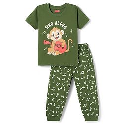 Babyhug Cotton Knit Half Sleeves T-Shirt & Pyjama Night Suit with Monkey Print - Green
