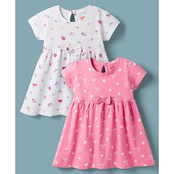 Babyhug Single Jersey Knit Half Sleeves Frocks With Floral Print & Bow Applique Pack of 2 - Multicolor