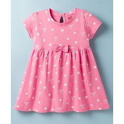 Babyhug Single Jersey Knit Half Sleeves Frocks With Floral Print & Bow Applique Pack of 2 - Multicolor