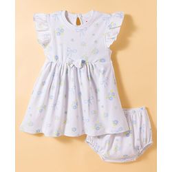 Babyhug Single Jersey Knit Half Sleeves Frock With Floral Print & Bloomer - White