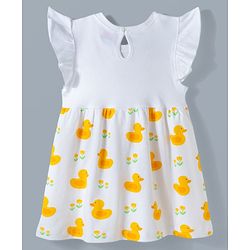 Babyhug Single Jersey Knit Frill Sleeves Frock With Duck Print & Bloomer - White