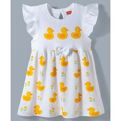 Babyhug Single Jersey Knit Frill Sleeves Frock With Duck Print & Bloomer - White