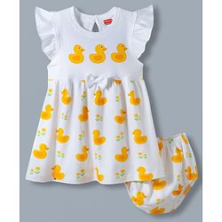Babyhug Single Jersey Knit Frill Sleeves Frock With Duck Print & Bloomer - White