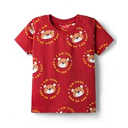 Babyhug Cotton Knit Half Sleeves Co-Ord T-Shirt & Pyjama Night-Suit With Bear Print - Brown