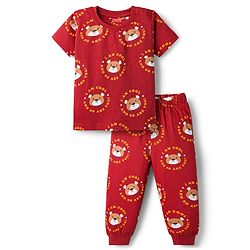 Babyhug Cotton Knit Half Sleeves Co-Ord T-Shirt & Pyjama Night-Suit With Bear Print - Brown