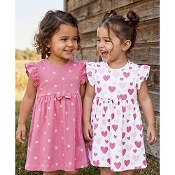 Babyhug Single Jersey Knit Frill Sleeves Frocks with Star & Heart Print Bow Applique Pack of 2 - Pink & White