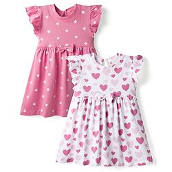 Babyhug Single Jersey Knit Frill Sleeves Frocks with Star & Heart Print Bow Applique Pack of 2 - Pink & White