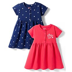 Babyhug Single Jersey Knit Half Sleeves Frocks With Heart Print Pack of 2 - Multicolor