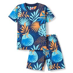 Babyhug Cotton Knit Half Sleeves T-Shirt & Shorts Co-ord Night Suit with Leaf Print - Navy Blue
