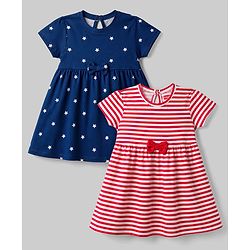 Babyhug Single Jersey Knit Half Sleeves Striped & Star Printed Frocks with Bow Applique Pack of 2 - Multicolor