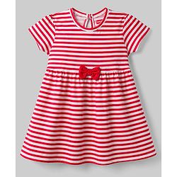 Babyhug Single Jersey Knit Half Sleeves Striped & Star Printed Frocks with Bow Applique Pack of 2 - Multicolor