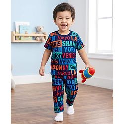 Babyhug Cotton Knit Half Sleeves Text Printed T-Shirt & Pyjama Co-Ord Night Suit Set - Navy Blue