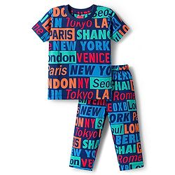 Babyhug Cotton Knit Half Sleeves Text Printed T-Shirt & Pyjama Co-Ord Night Suit Set - Navy Blue